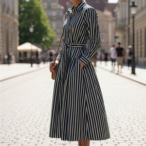 Elegant Navy and White Striped Long Sleeve Dress